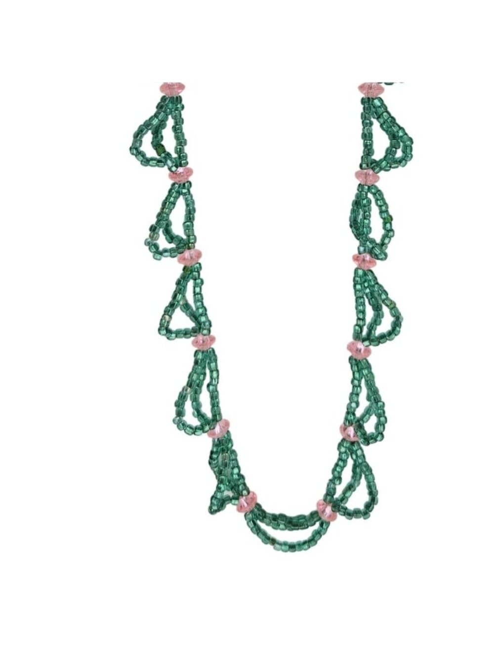 Vintage Beaded Necklace Boho Green Pink Accents Retro 70s Fashion Jewelry Women